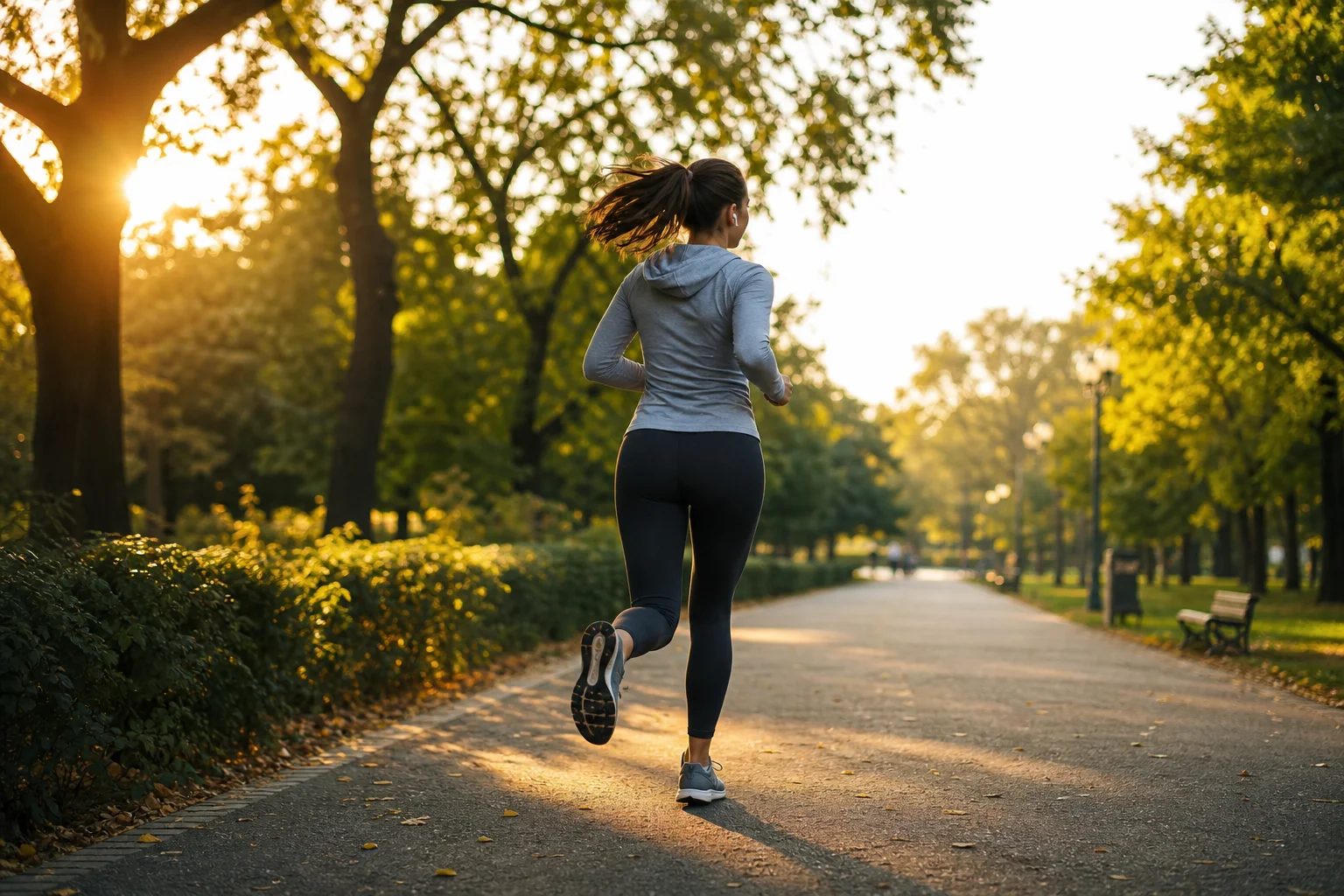 Person wearing earbuds during a morning run through a park