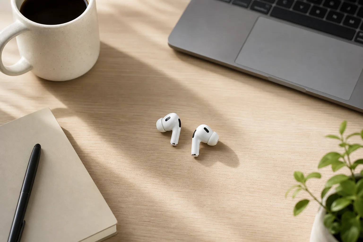Earbuds displayed on a desk with a laptop and coffee cup