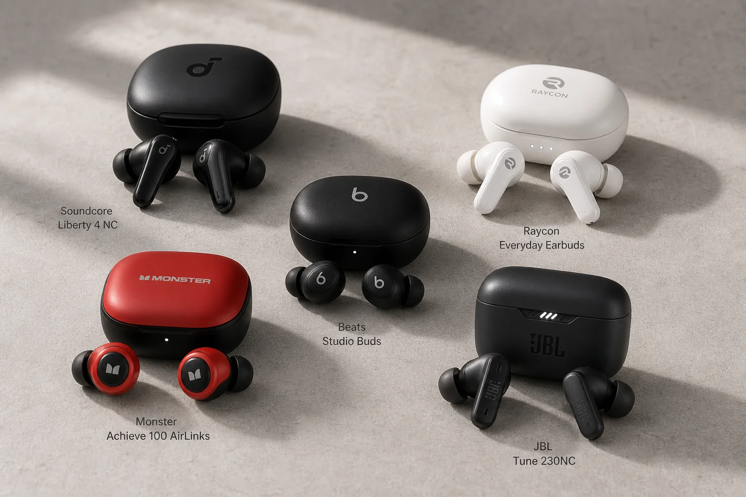 Five wireless earbuds arranged on concrete surface