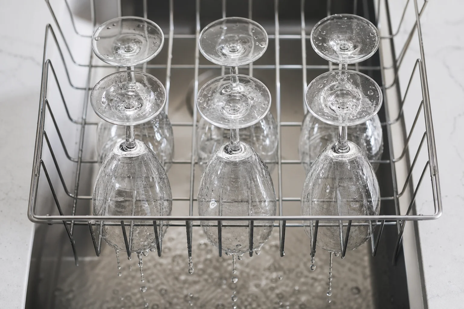 Simplehuman 碗碟架上放滿了乾淨的碗碟、紅酒杯與餐具