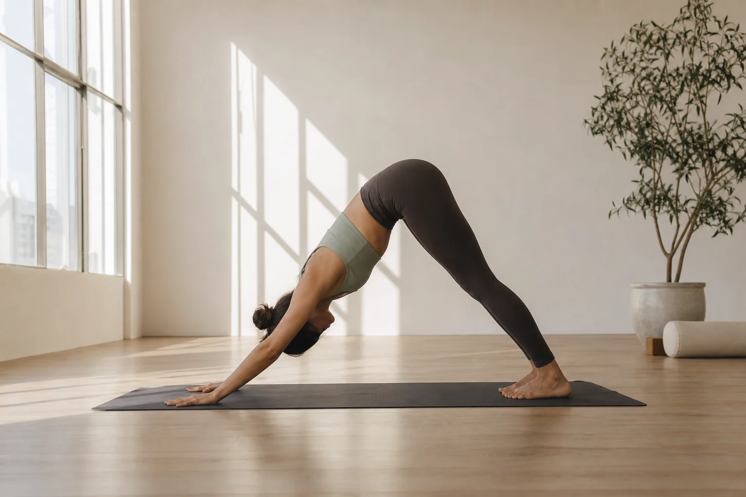 Person in downward dog pose on a yoga mat in a bright studio