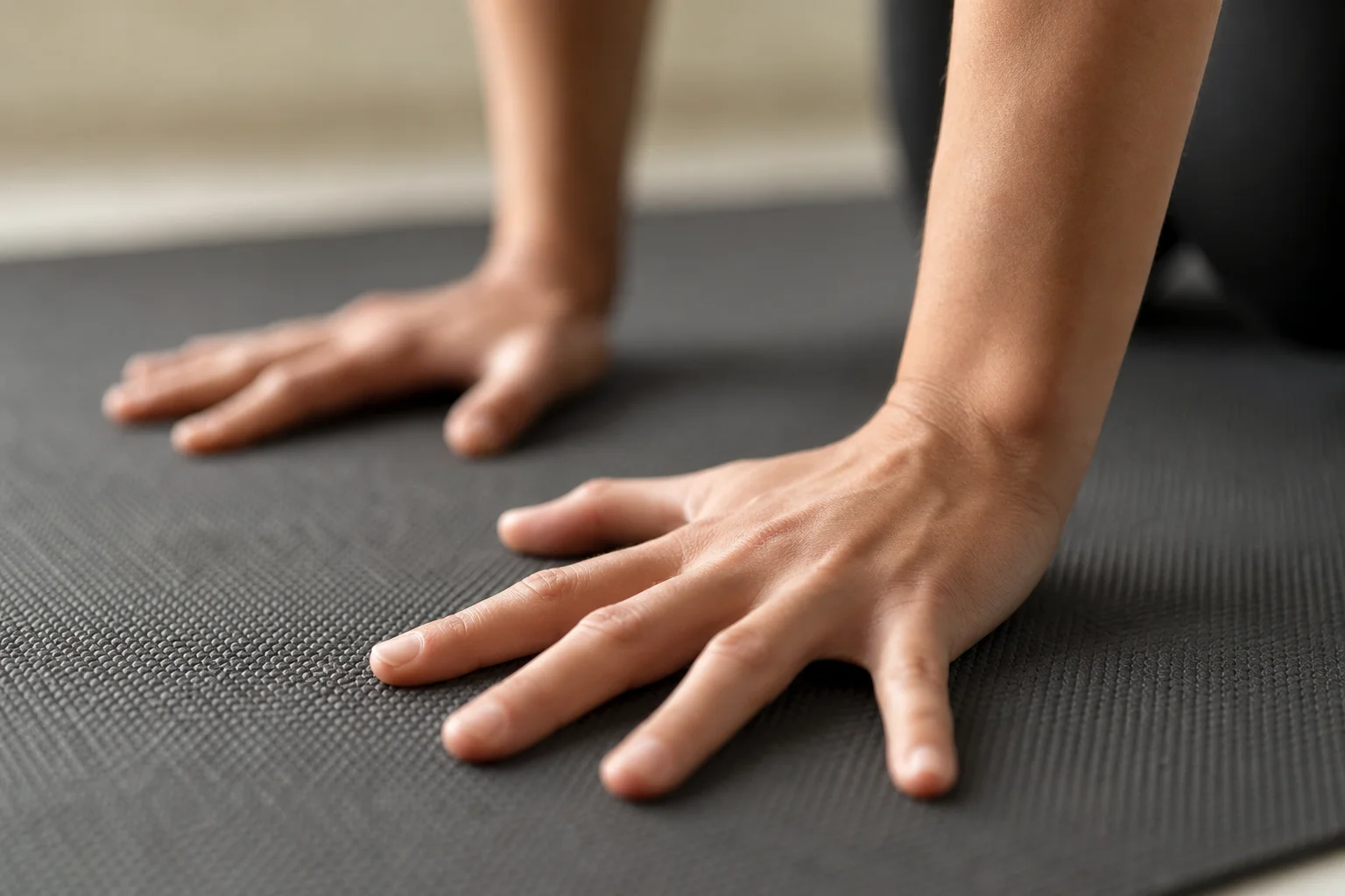 Close-up of hands gripping a textured yoga mat surface