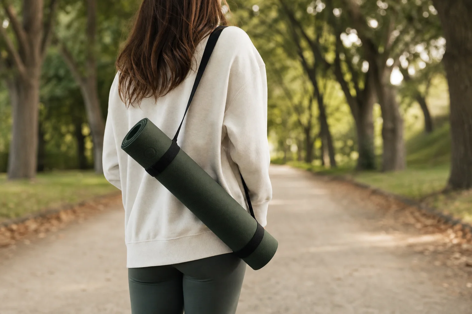 Yoga mat with carrying strap on shoulder while walking outdoors
