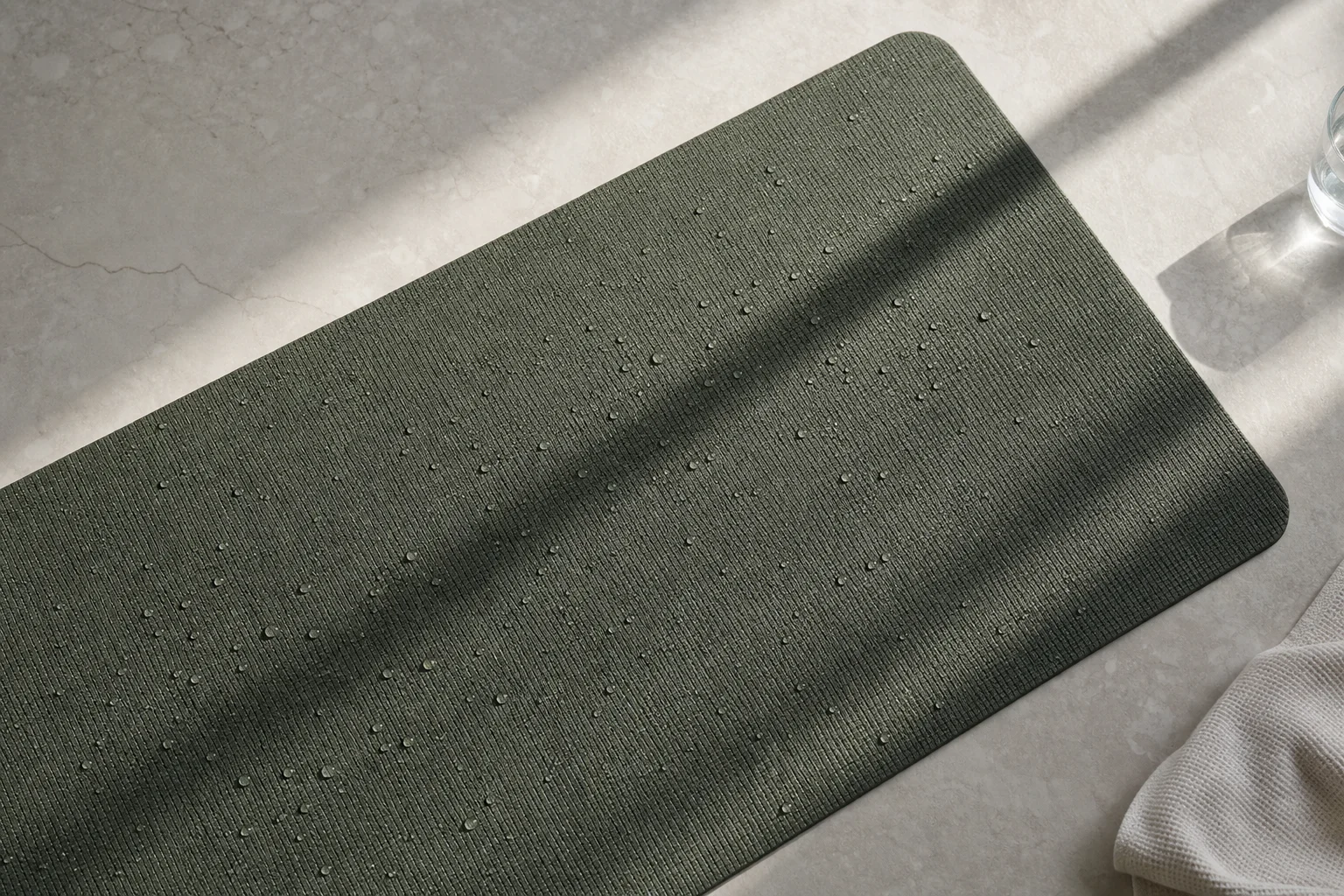 Flat lay of yoga mat with water droplets on non-slip surface