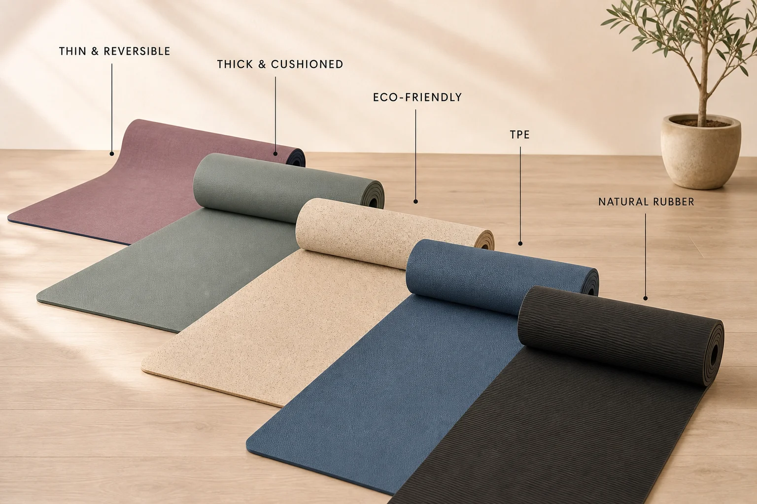 Five different yoga mats displayed on a wooden floor showing various thicknesses and colors