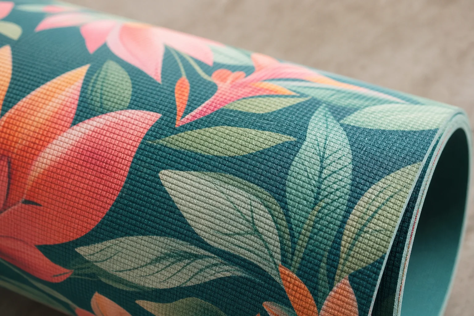 Close-up of colorful patterned yoga mat showing design and texture detail