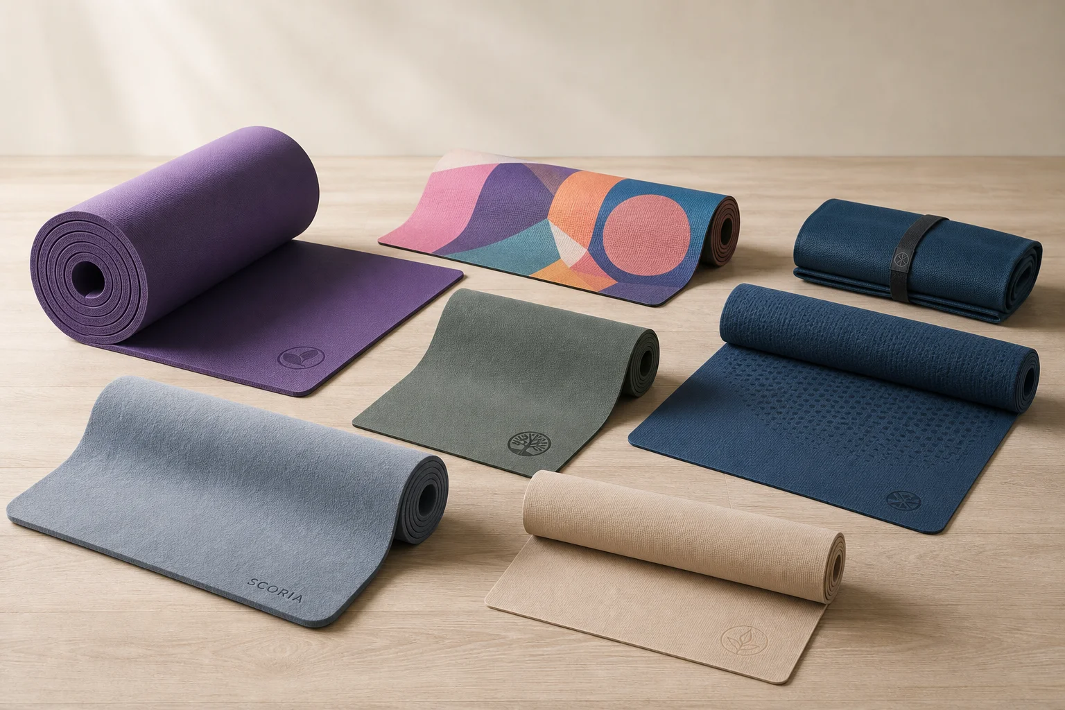 Seven different yoga mats arranged on a wooden floor showing variety of styles and colors