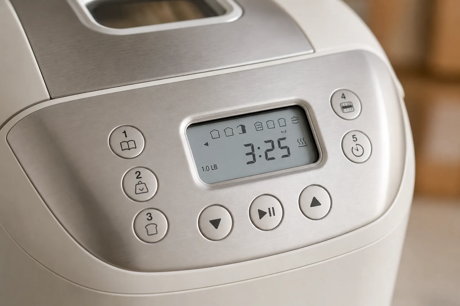 Close-up of bread maker control panel with LCD display and buttons