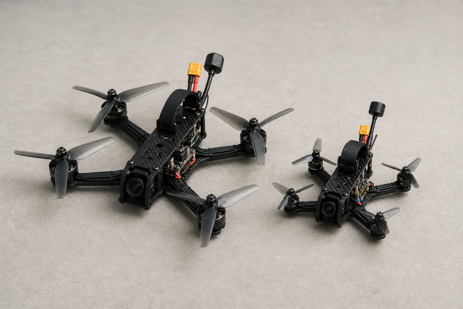 兩款 Tiny Whoop 無人機的對比，展示尺寸與螺旋槳差異