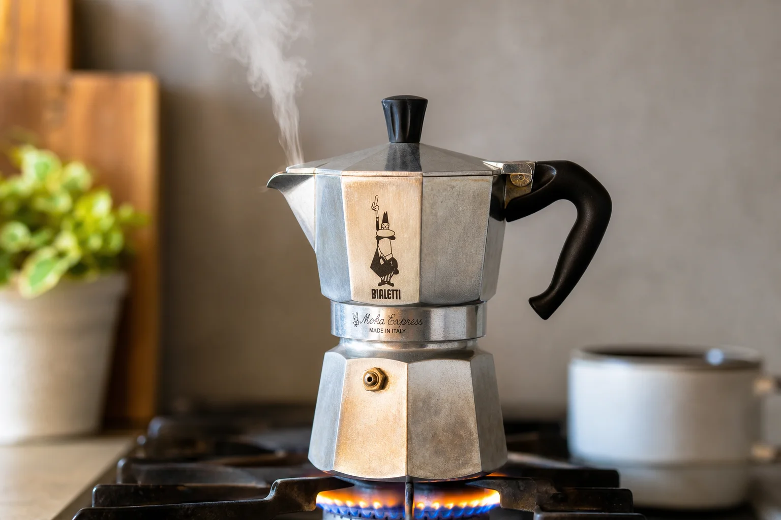 Moka Express brewing on stovetop with steam rising from safety valve