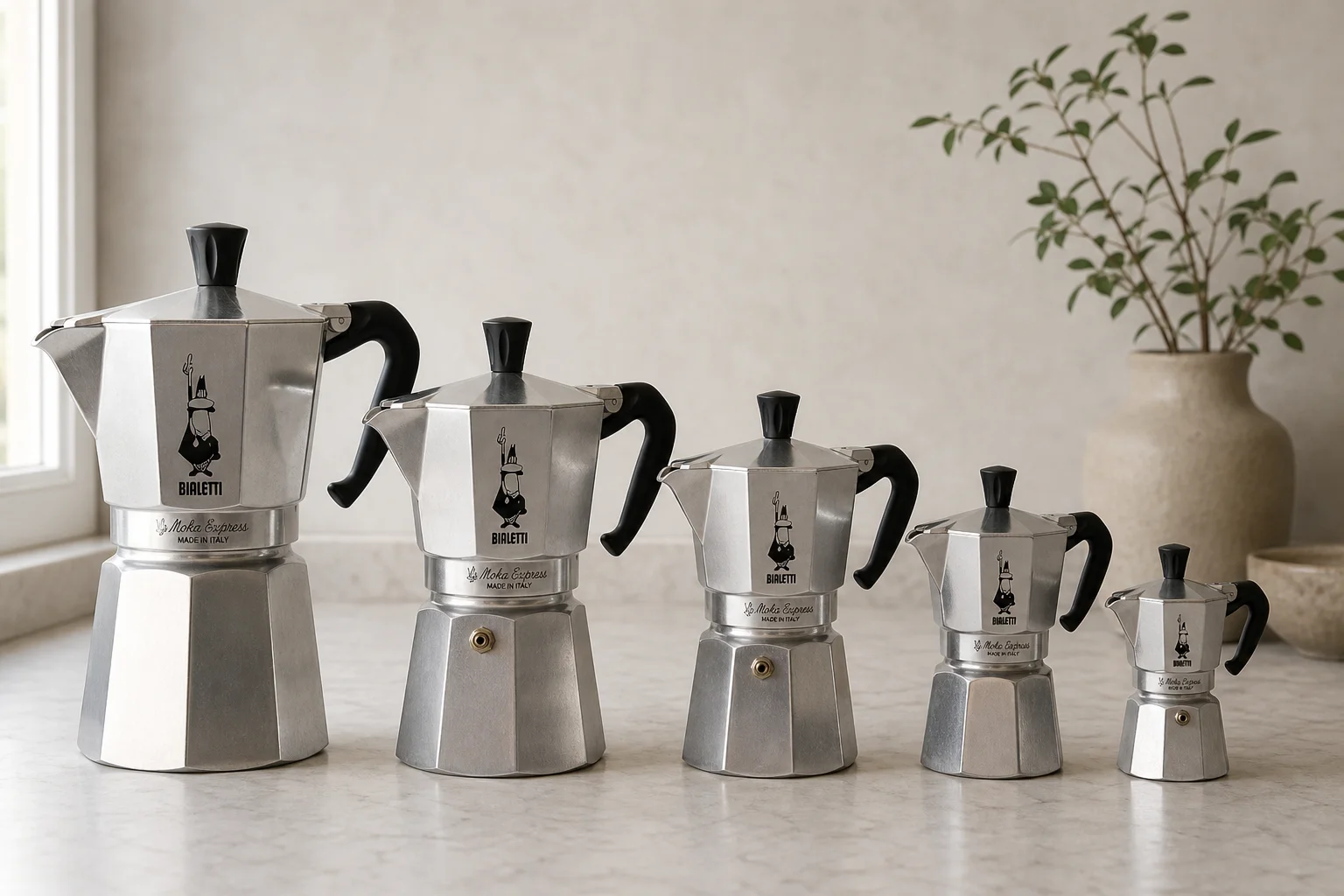 Multiple Bialetti Moka Express pots in different sizes on kitchen counter