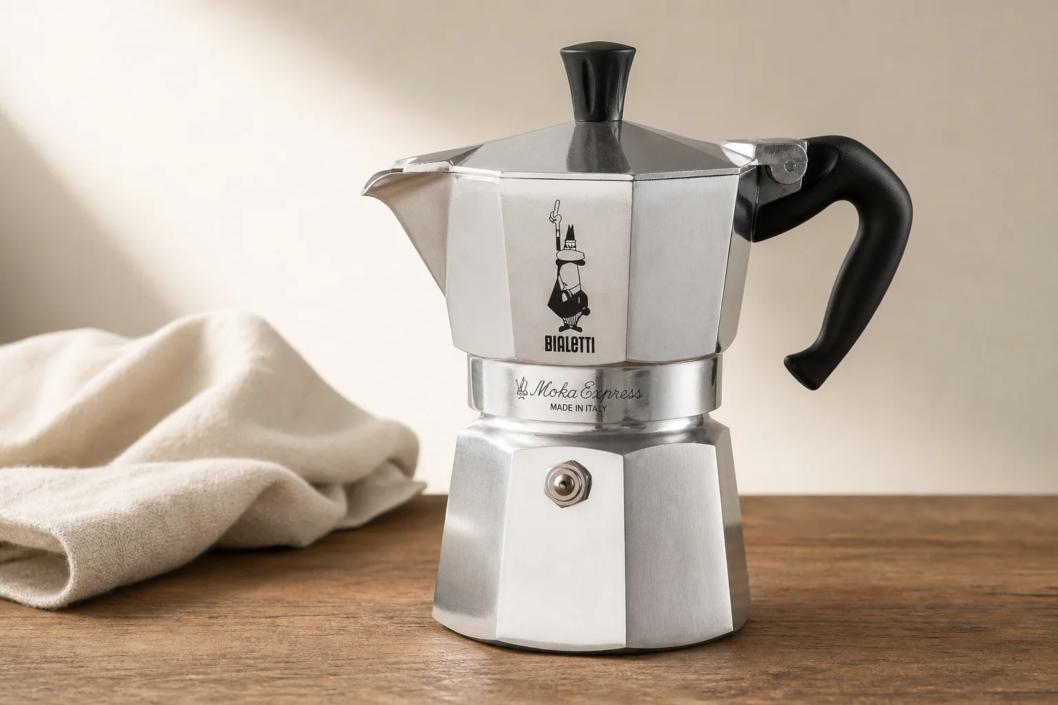 Bialetti Moka Express stovetop coffee maker on wooden surface