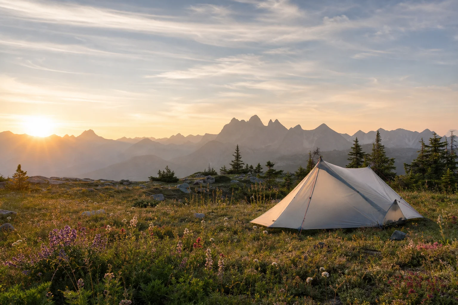 黃昏時分搭建在山間草地上的超輕量帳篷，背景可見遠處山峰