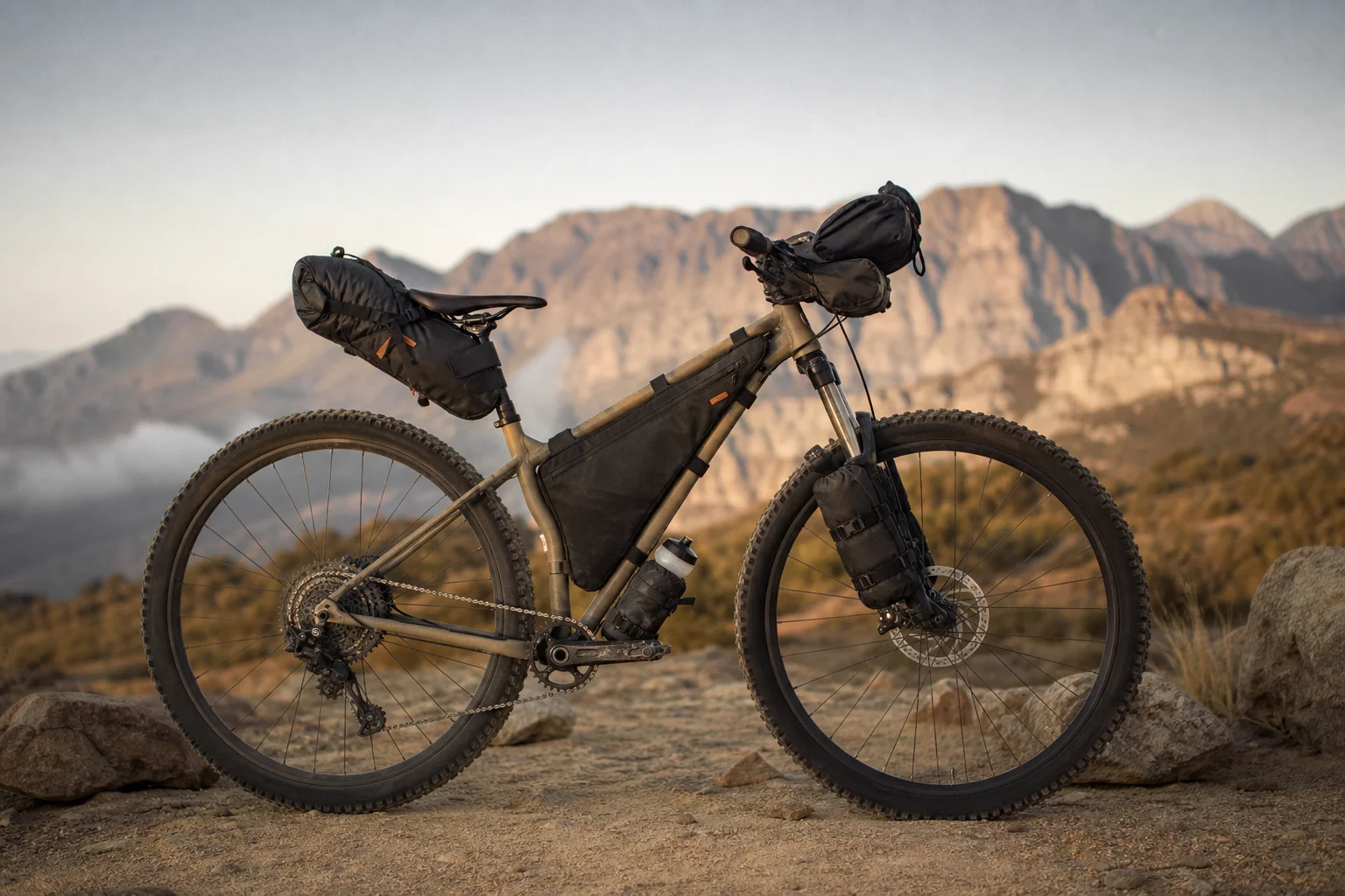 Hardtail mountain bike loaded with bikepacking gear on a trail