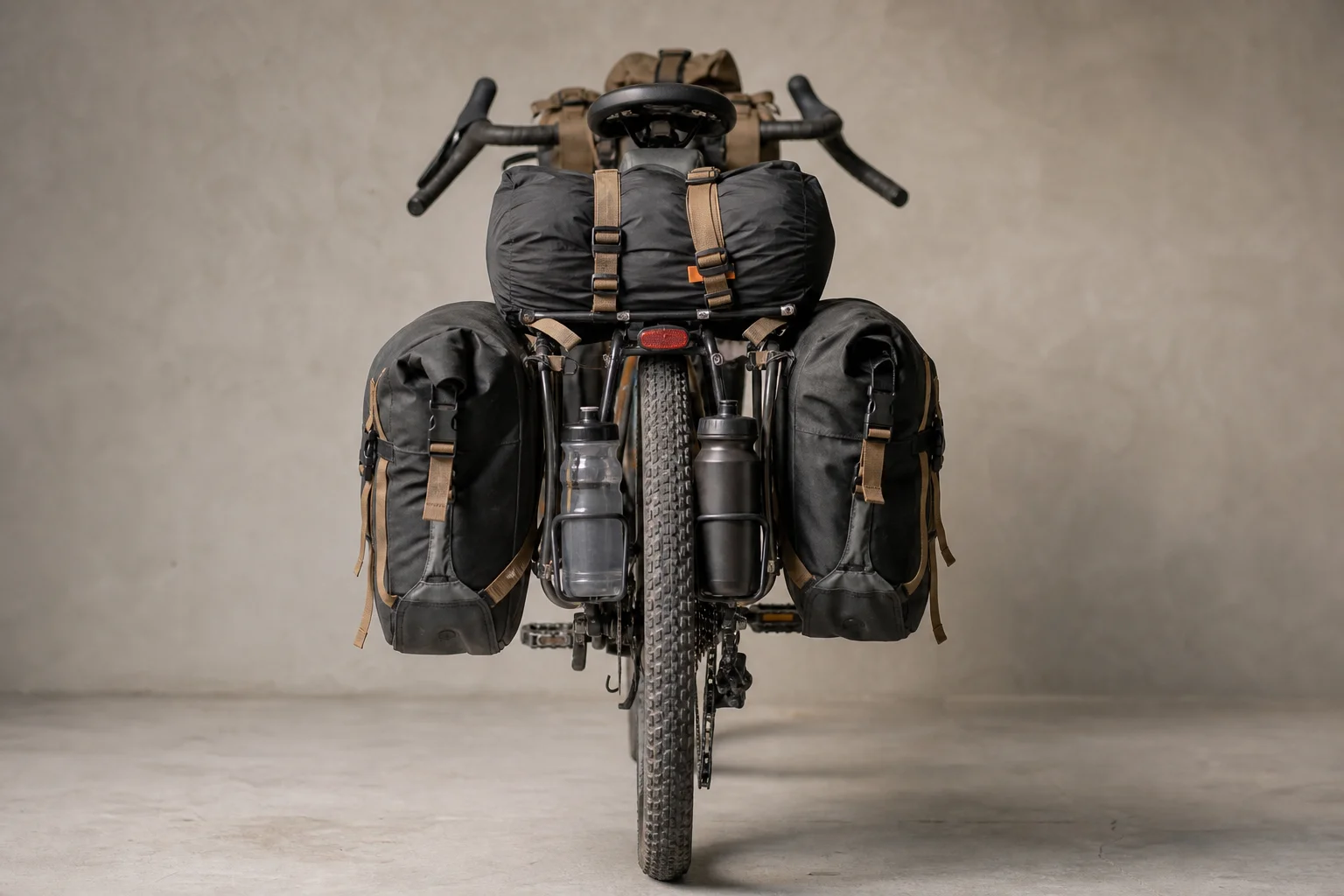 Rear pannier setup with water bottles and gear on a mountain bike