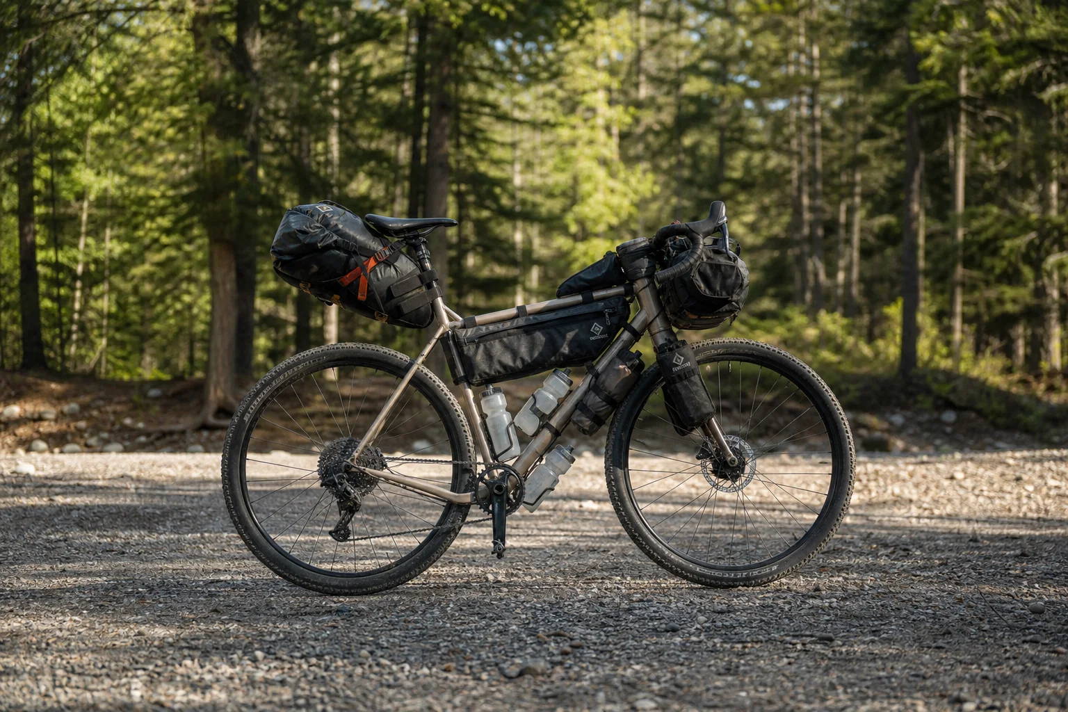 Loaded trail bike on smooth gravel terrain with forest backdrop