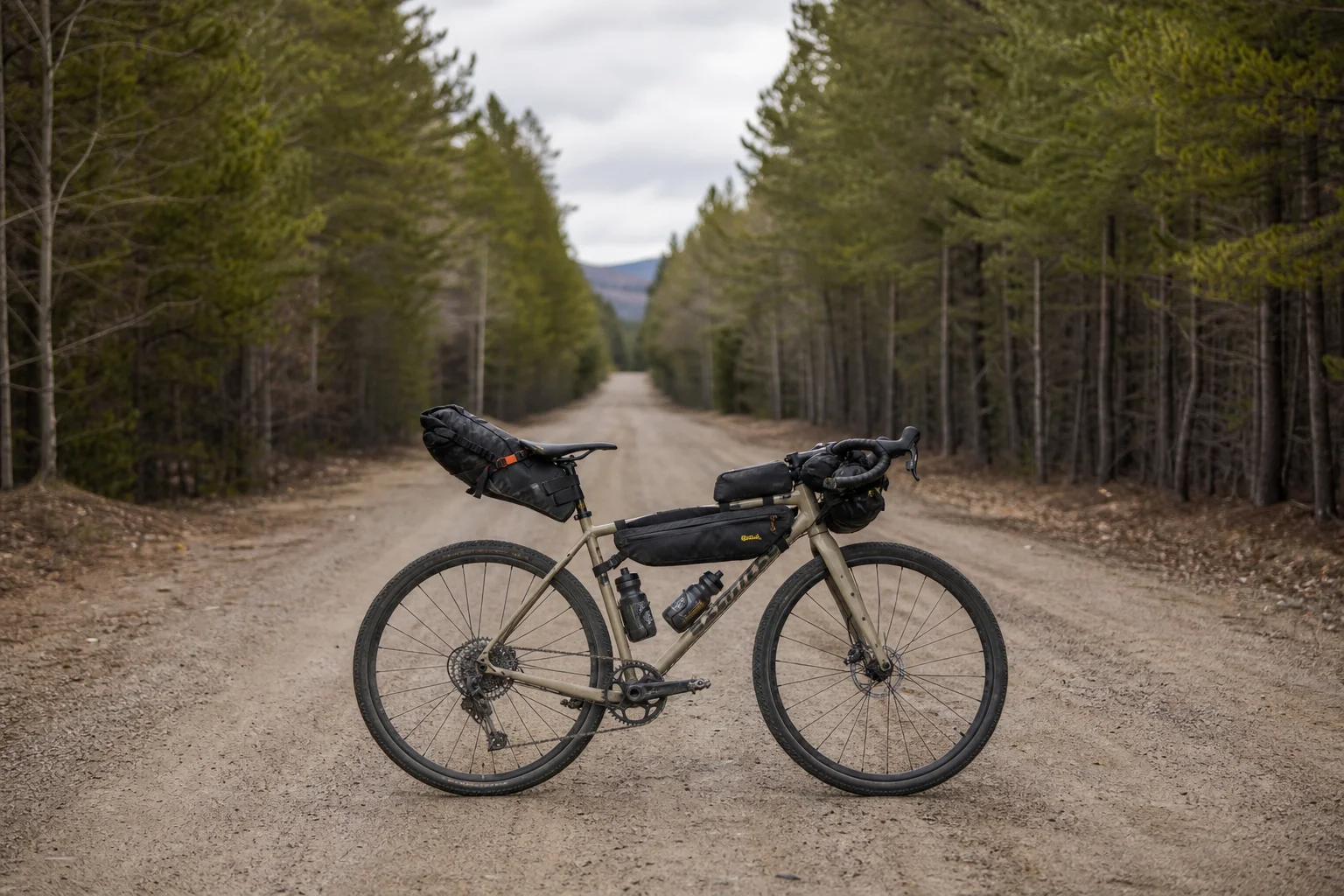 Gravel bike loaded with bikepacking gear on forest road