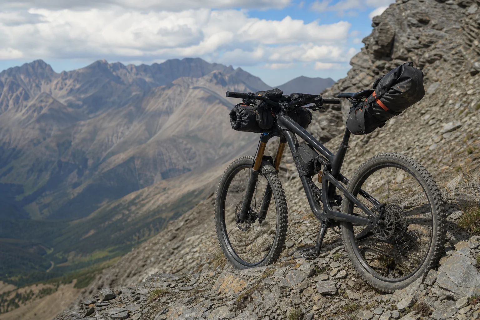 Downhill bike with full bikepacking load on rocky mountain terrain