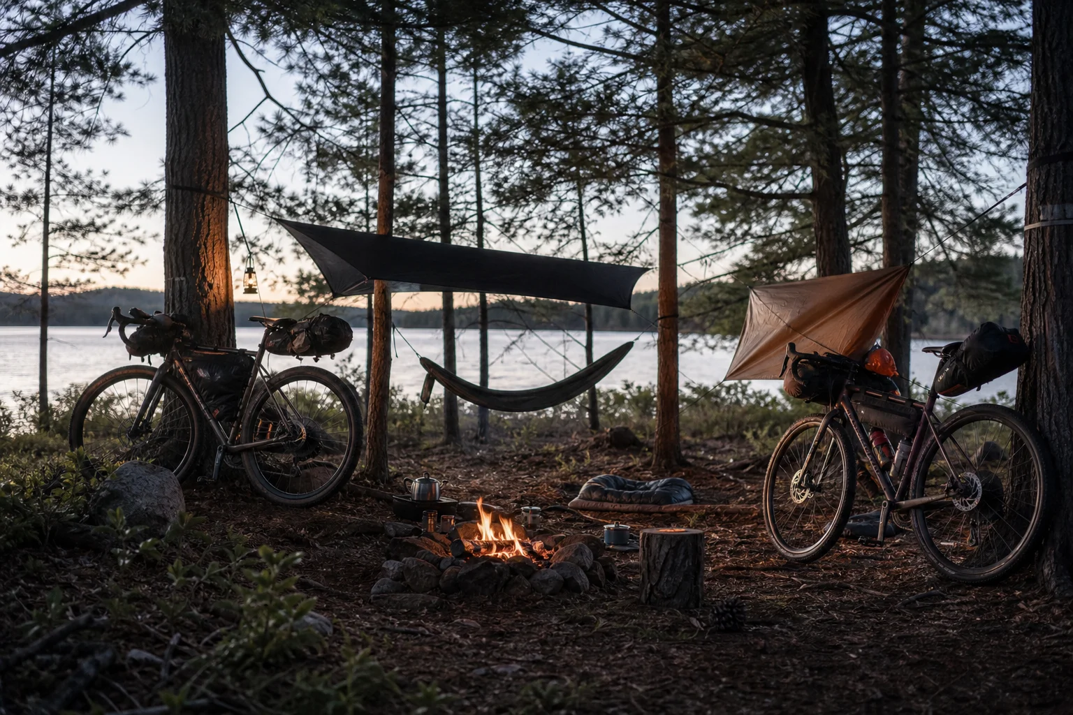 Bikepacking camp setup with loaded bikes and outdoor gear at dusk