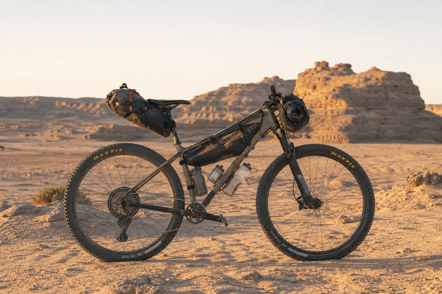 Hardtail mountain bike loaded with bikepacking gear on sandy desert terrain
