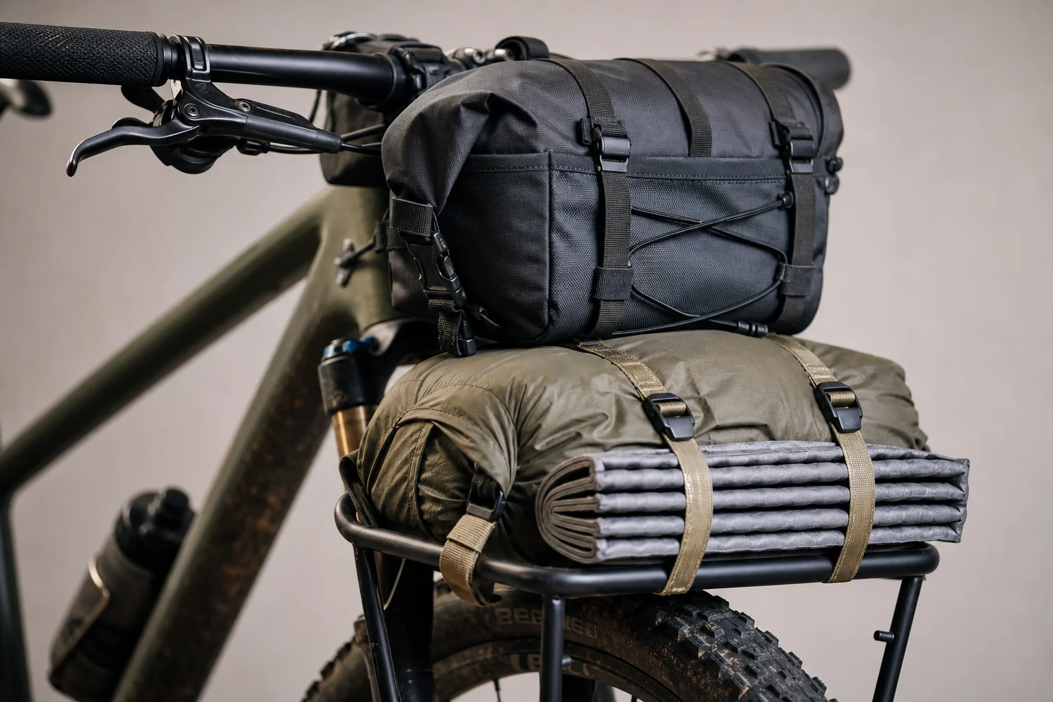 Close-up of handlebar bag and front rack with sleeping system rolled and strapped
