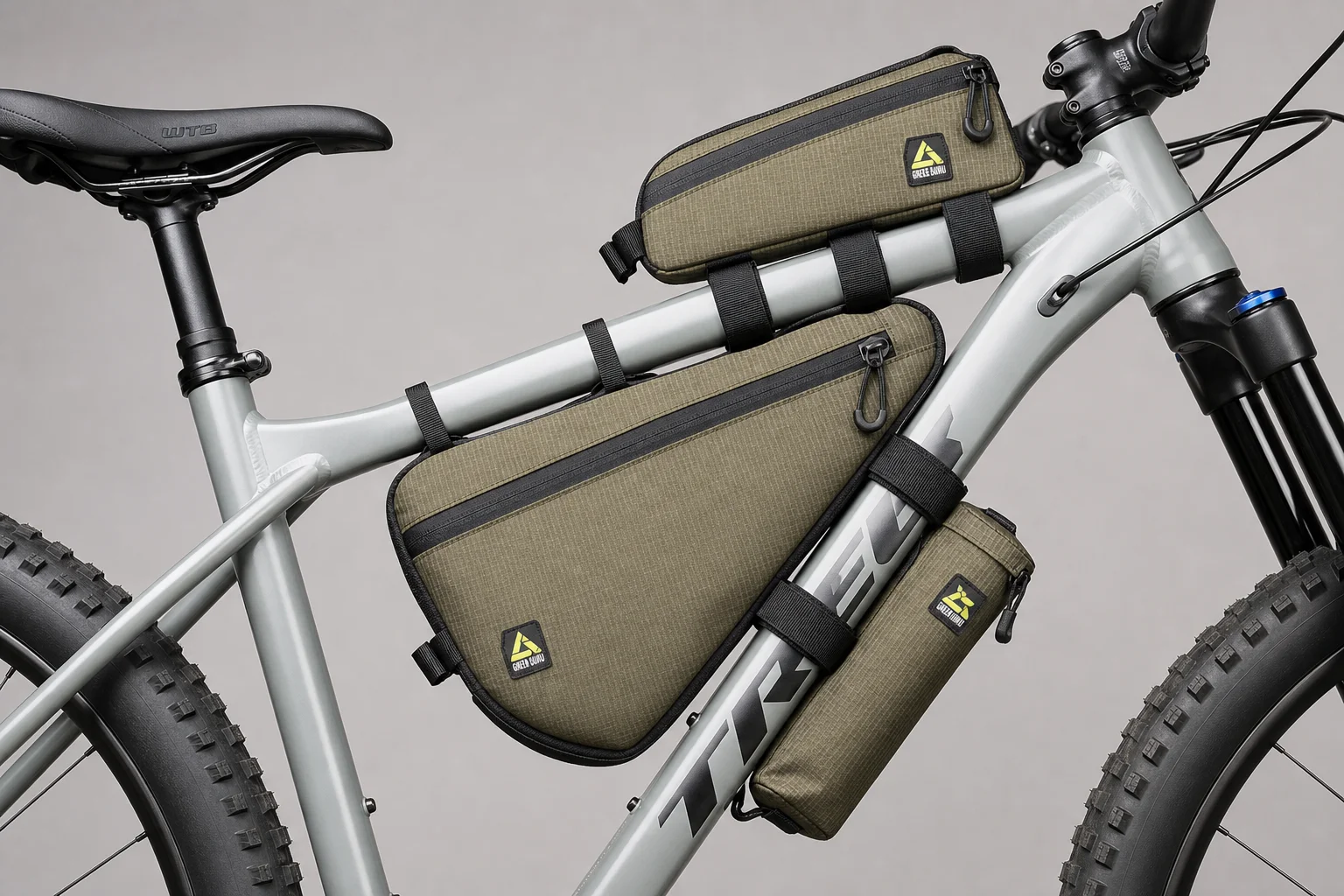 Frame-mounted bags and top tube bag on hardtail mountain bike