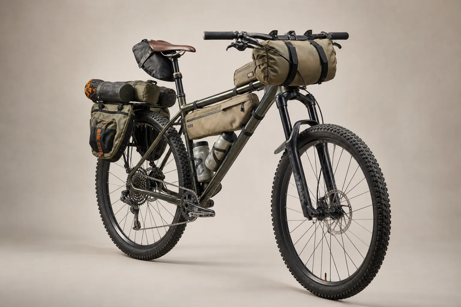 Fully loaded hardtail mountain bike with bikepacking bags on neutral backdrop