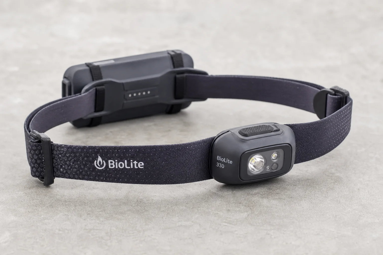 四款頭燈排列在水泥地上：Black Diamond Spot 325、Petzl Tikkina、Petzl Actik Core 以及 BioLite Headlamp 330