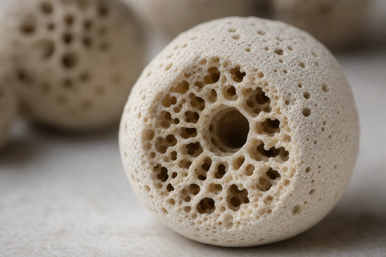 Close-up of porous ceramic bio media showing internal structure