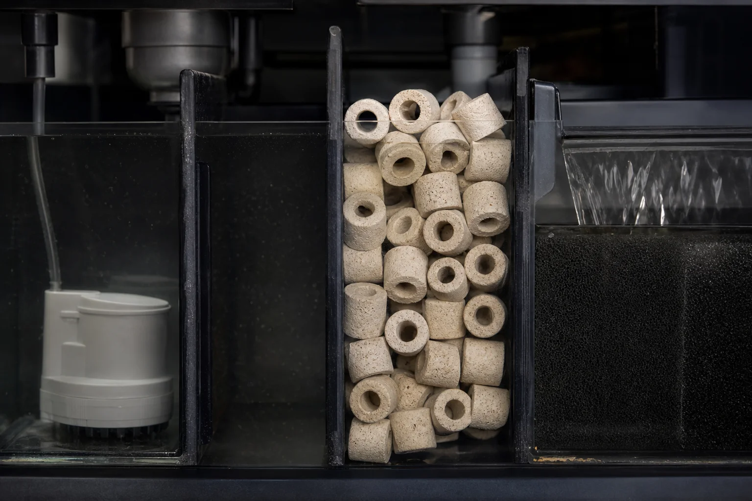 Aquarium sump compartment with stacked ceramic media