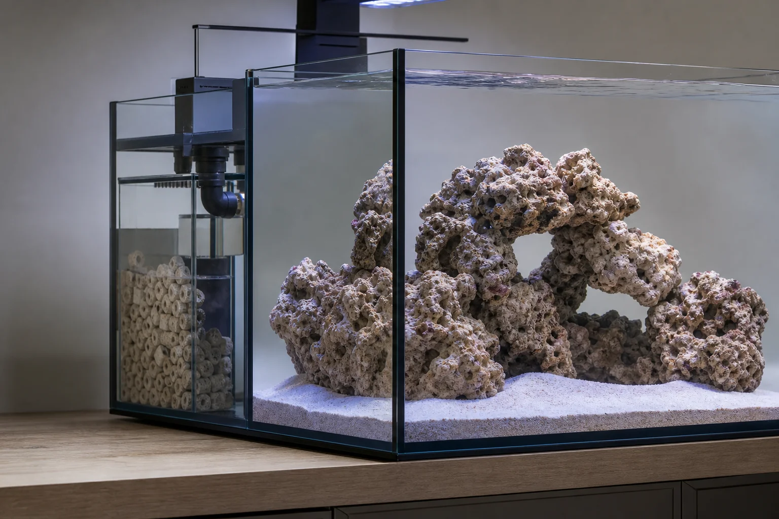 Saltwater aquarium with reef rock, sand bed, and ceramic media in sump