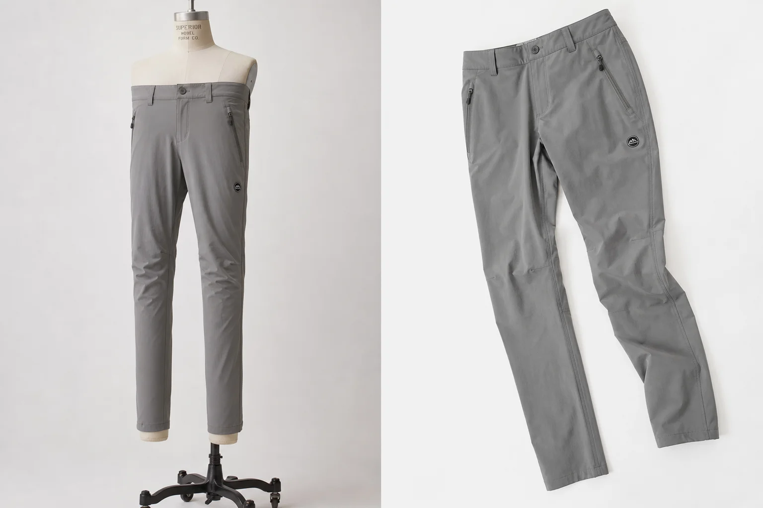 Five hiking pants in different styles displayed side by side on neutral backdrop