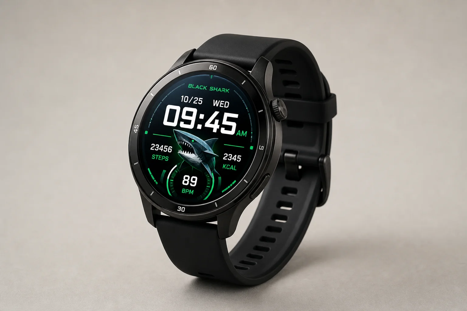 Five smartwatches displayed on concrete surface showing different designs and styles