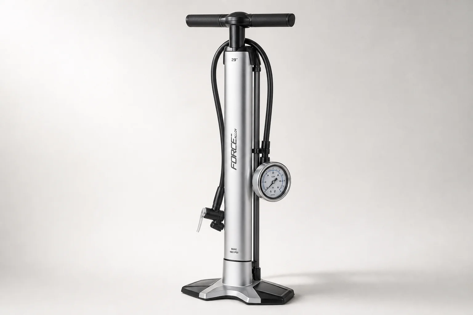 Five bike pumps displayed on concrete surface in staggered arrangement