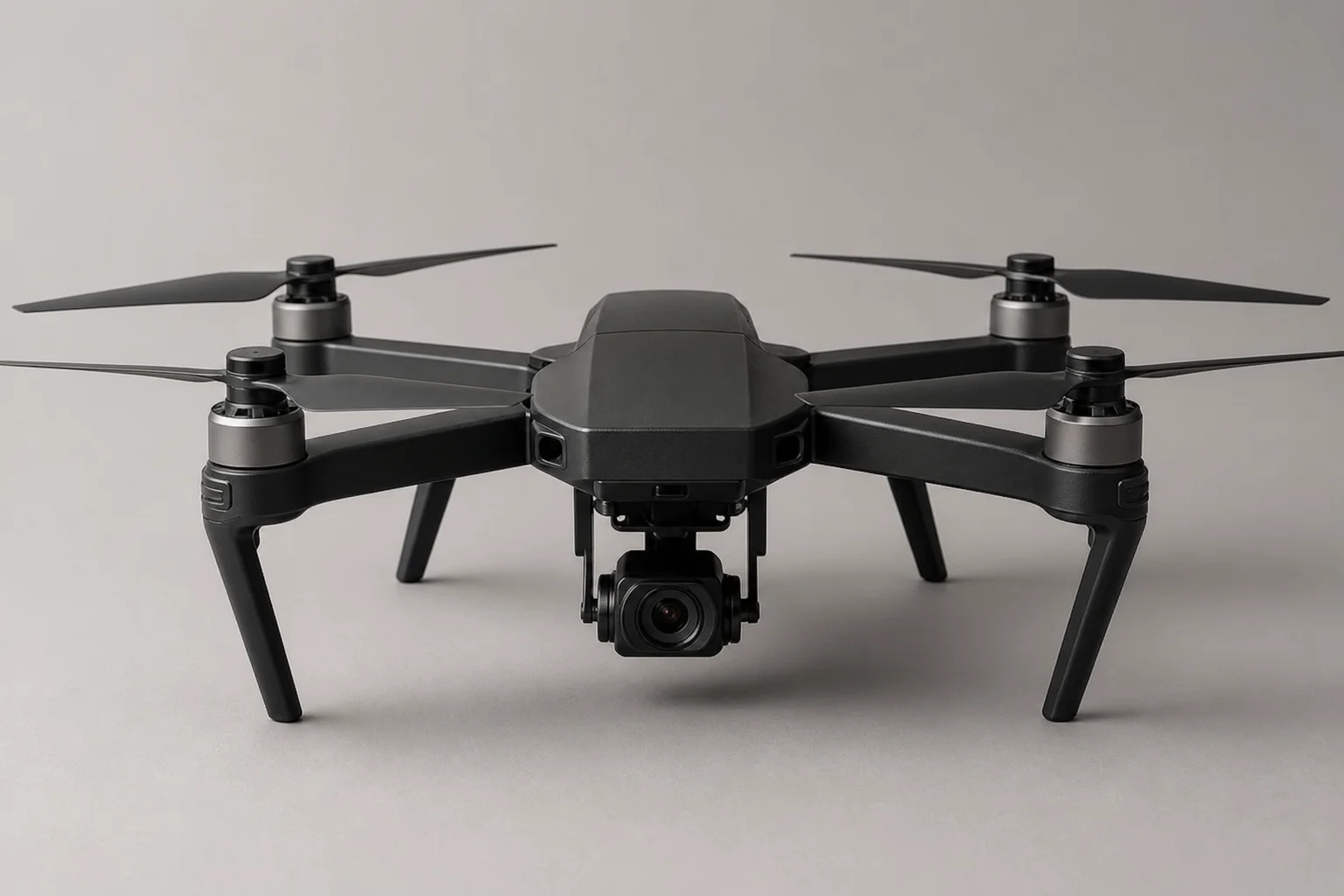 Five budget camera drones in various designs and colors arranged on concrete