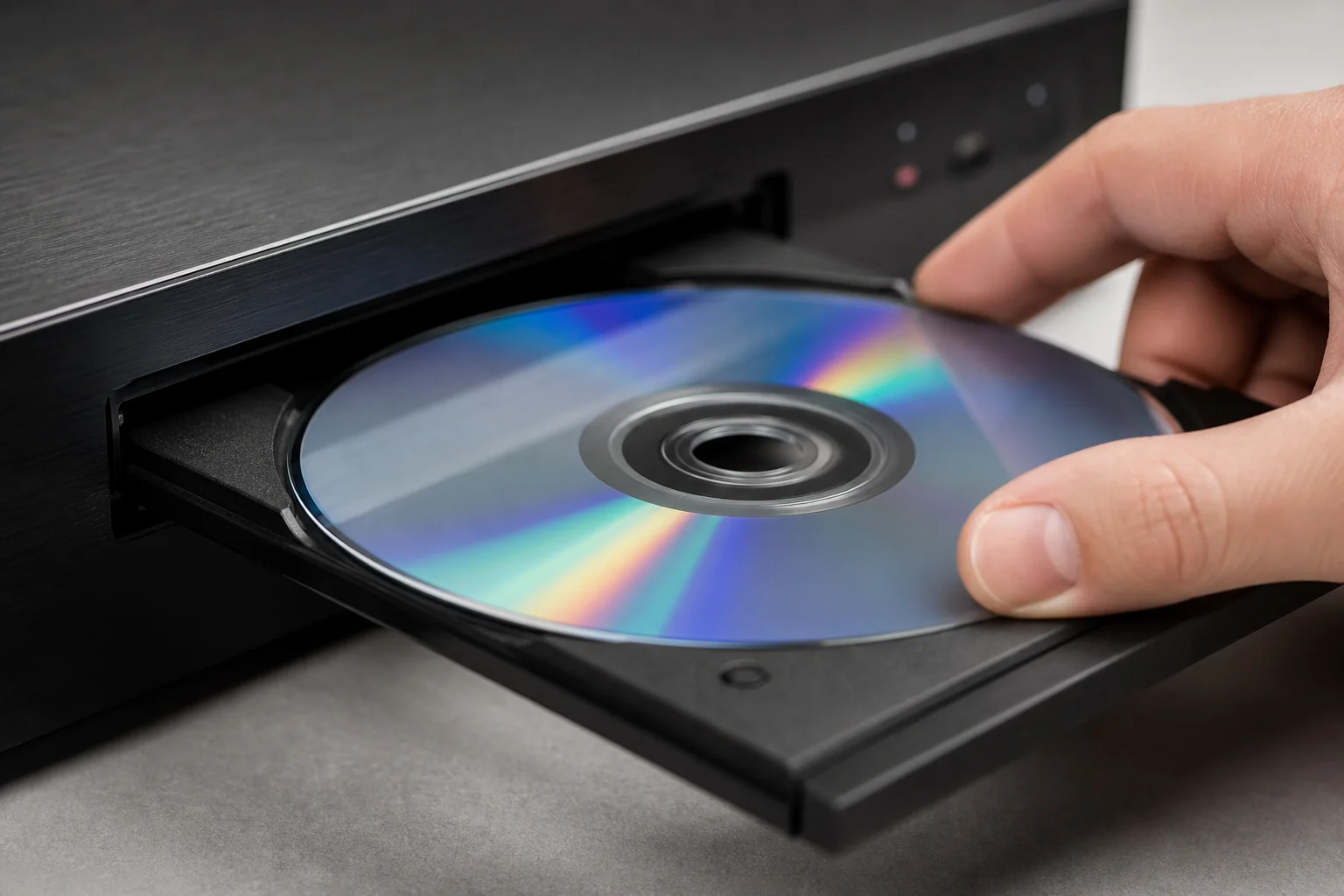 Primo piano di un disco Blu-ray inserito nel meccanismo di un lettore