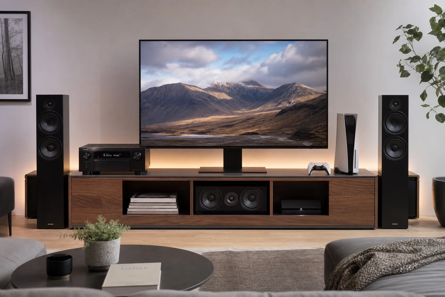 Configurazione home theater con ricevitore, TV e console di gioco su un mobile porta TV