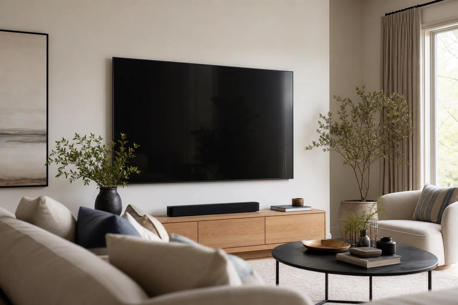 Soggiorno con una TV a grande schermo montata a parete sopra un mobile multimediale