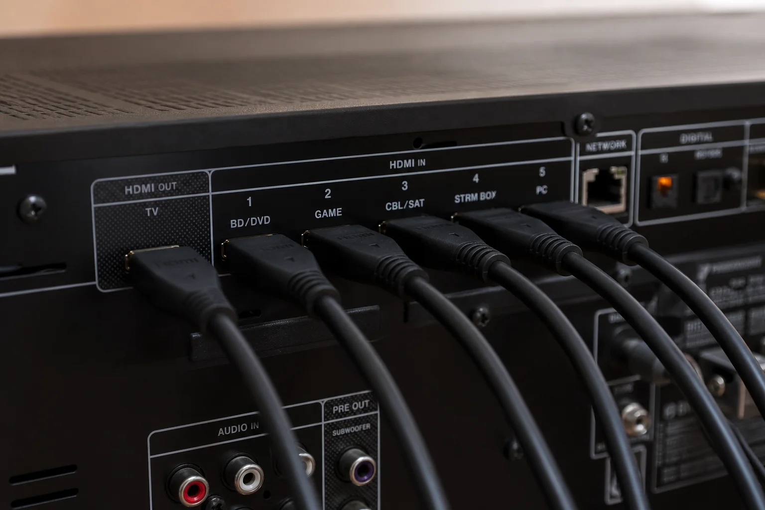 Cavi HDMI collegati al retro di un ricevitore AV che mostra diverse porte di connessione