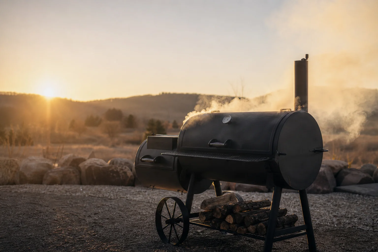 Outdoor barbecue pit with smoke rising at dawn