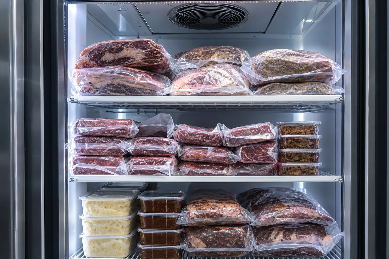 Commercial freezer interior stocked with meat and food