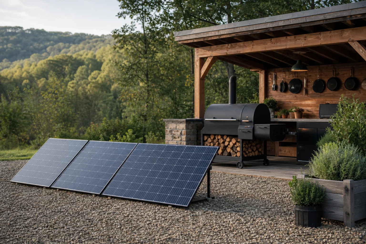 Solar panels mounted on outdoor cooking setup