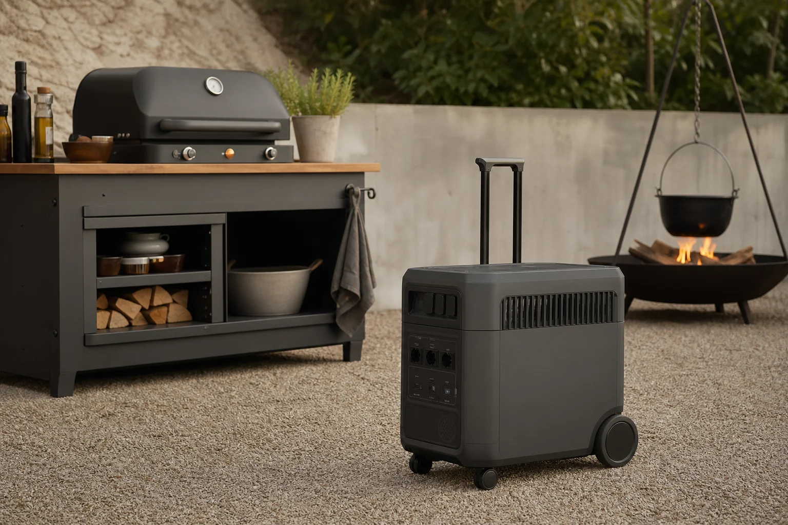 Portable power station with wheels on outdoor cooking site