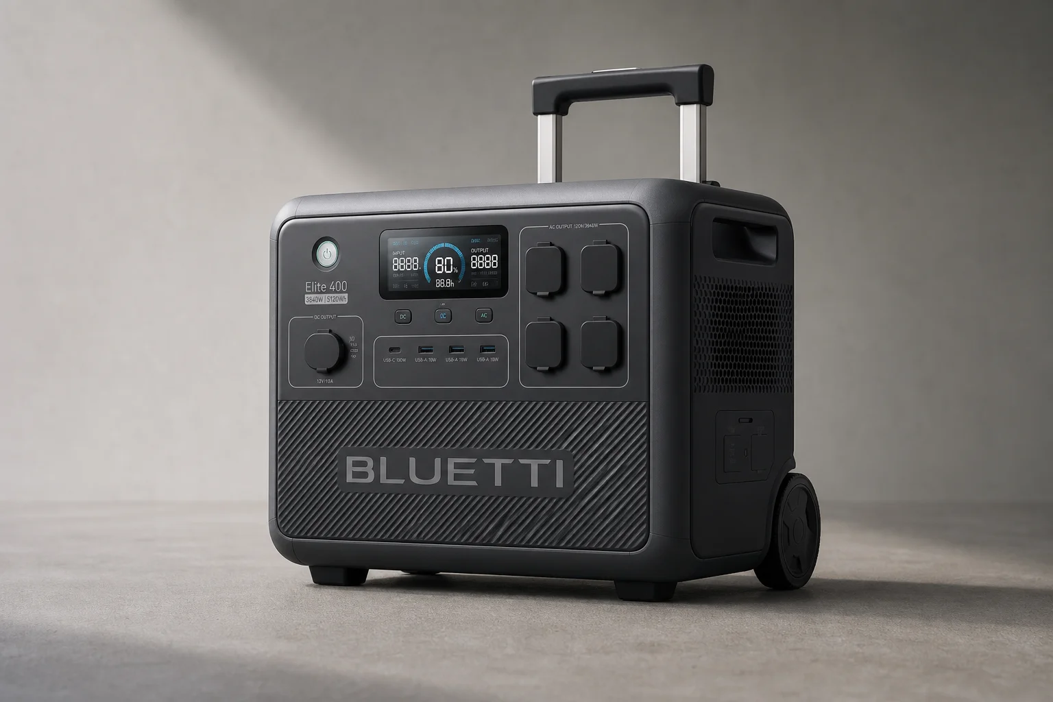 放置於灰色平面上的 Bluetti Elite 400 便攜式電站，配備輪子與控制面板