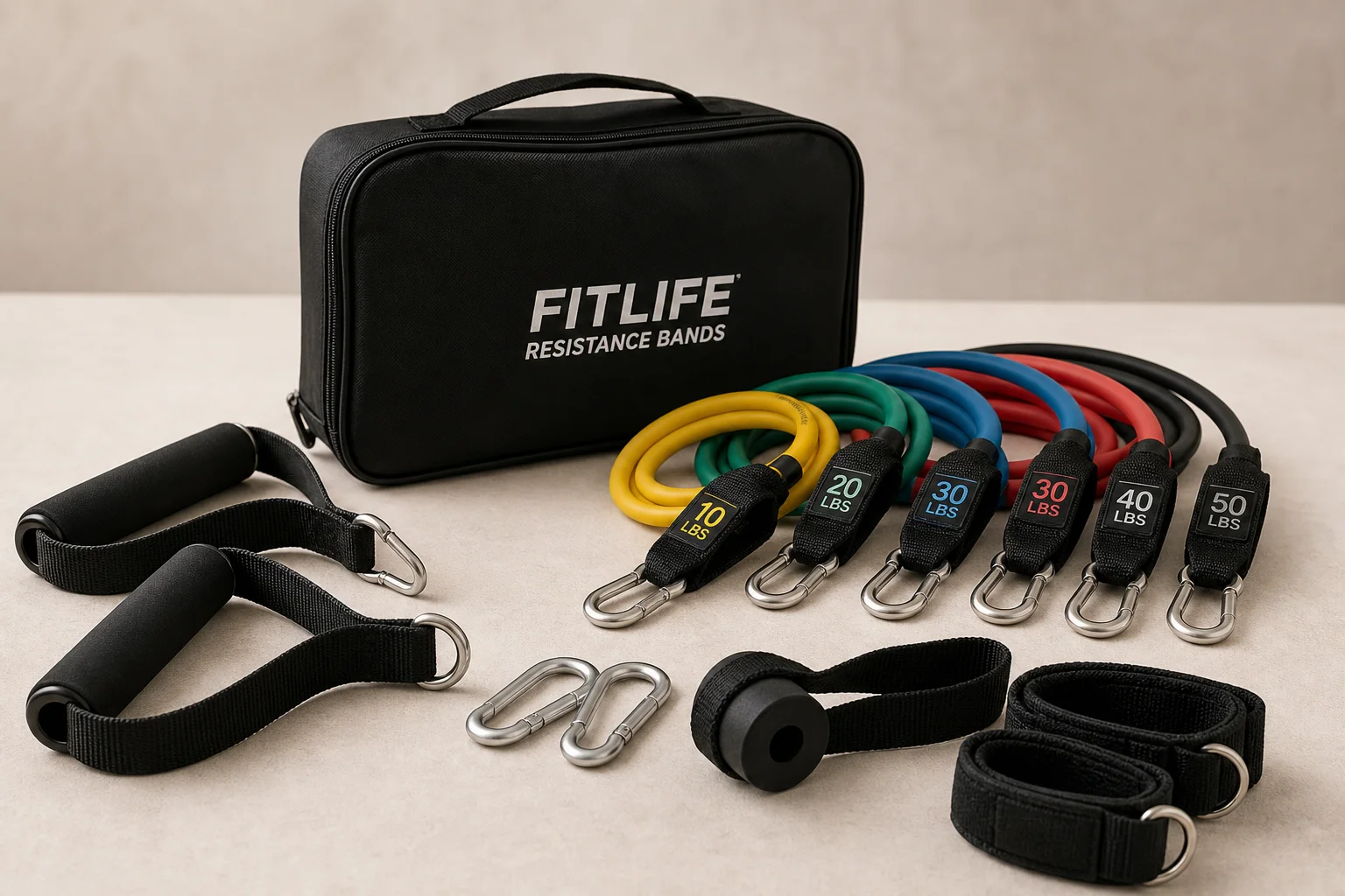 Serious Steel loop bands and Bodylastics tube bands with accessories on concrete surface
