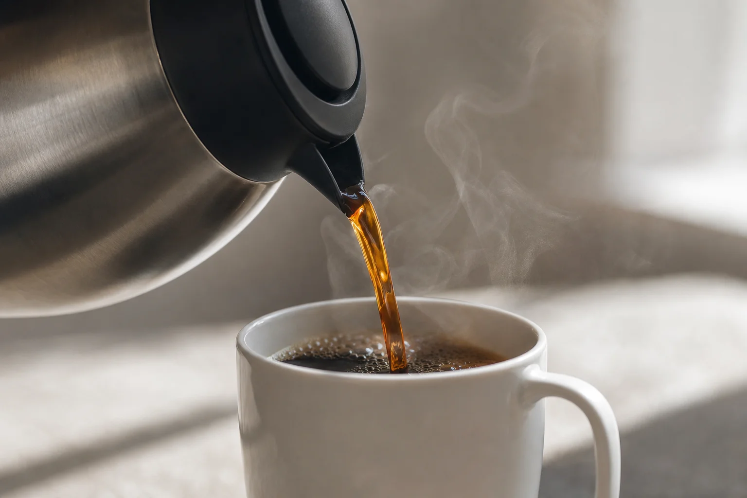 Coffee being poured from thermal carafe into white ceramic mug with steam rising