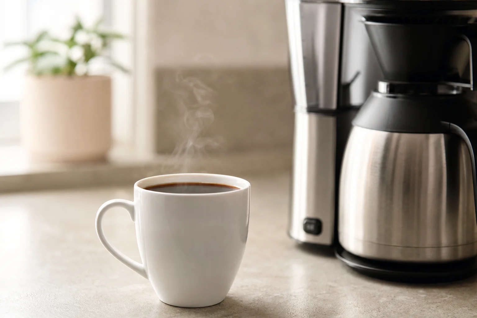 Steaming cup of coffee on kitchen counter next to the Bonavita coffee maker