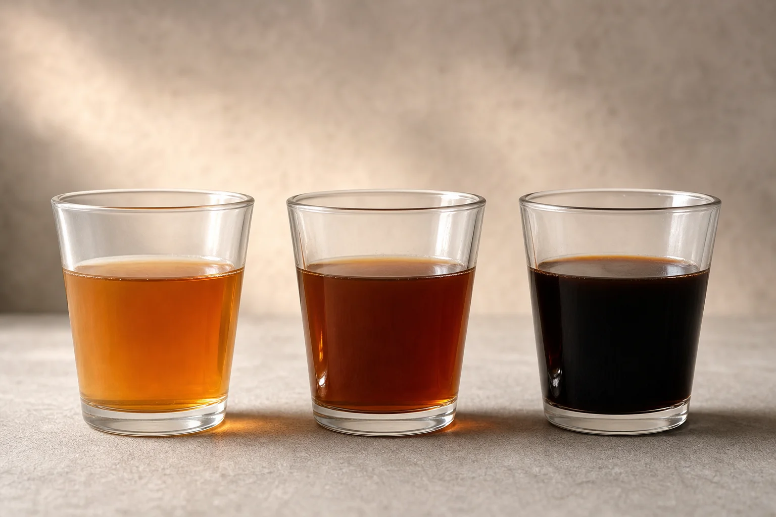 Three glasses of coffee showing different extraction levels and color intensity