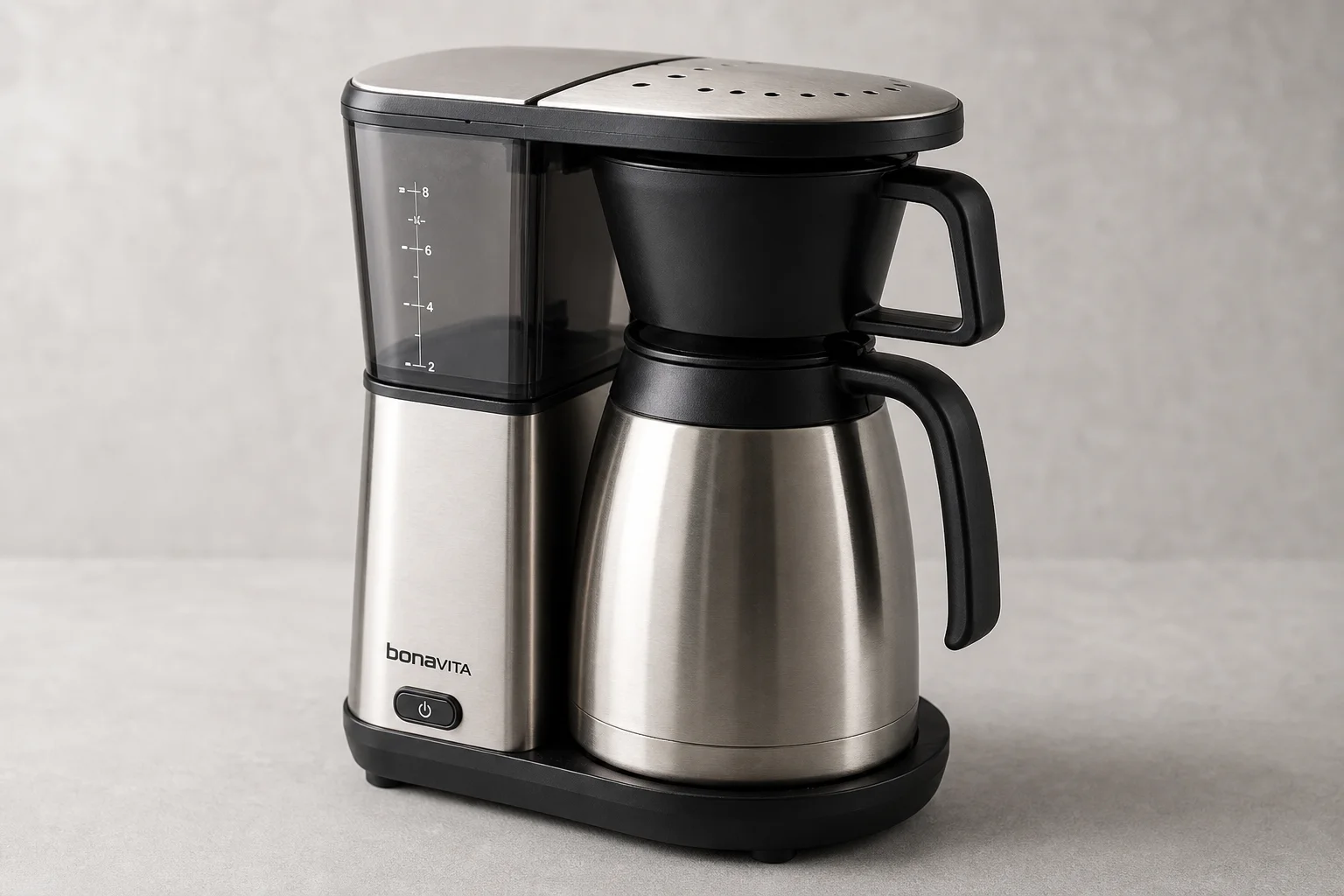 Bonavita Eight-Cup One Touch coffee maker with stainless steel thermal carafe on grey backdrop