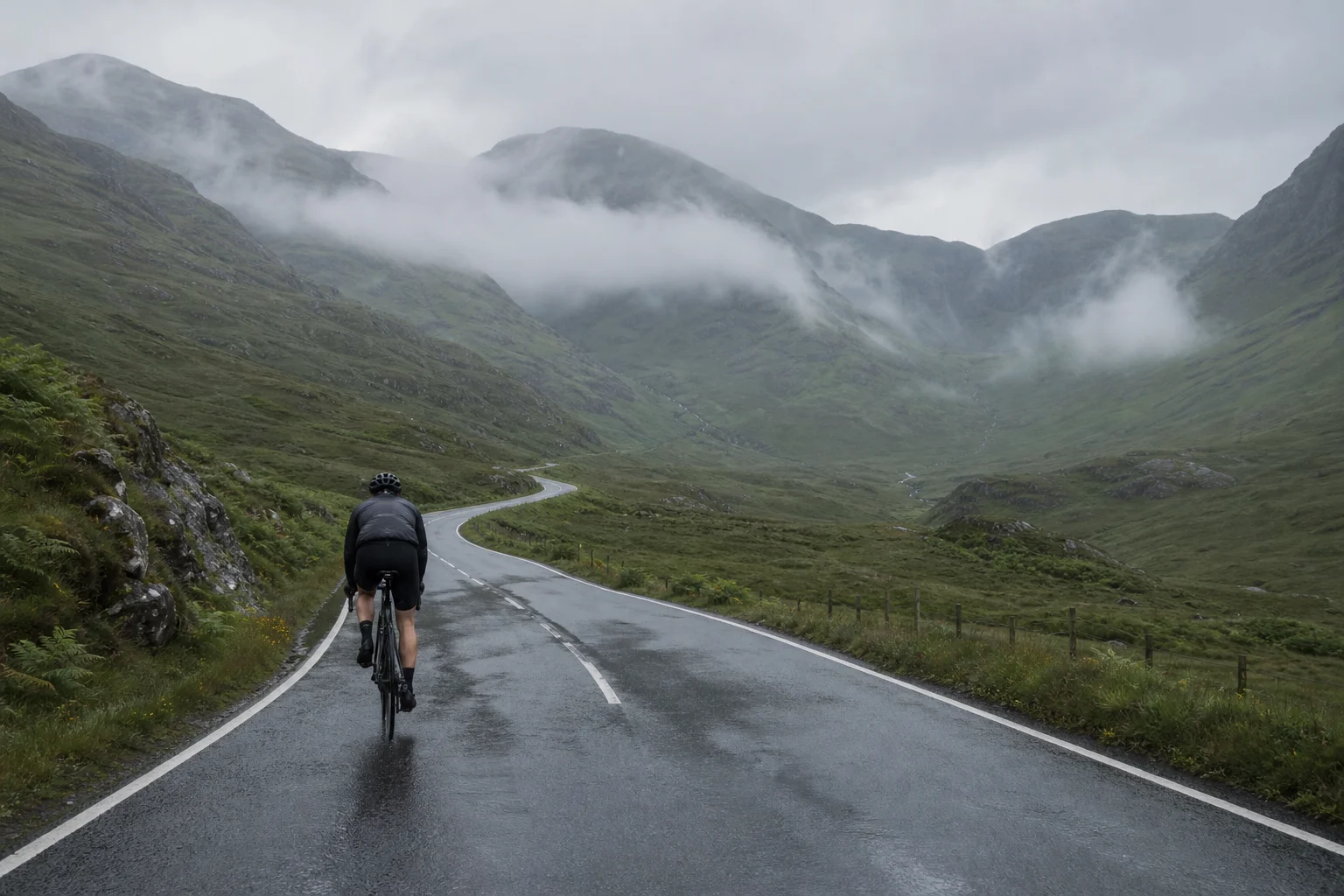 Cyclist riding on wet Highland road in summer rain